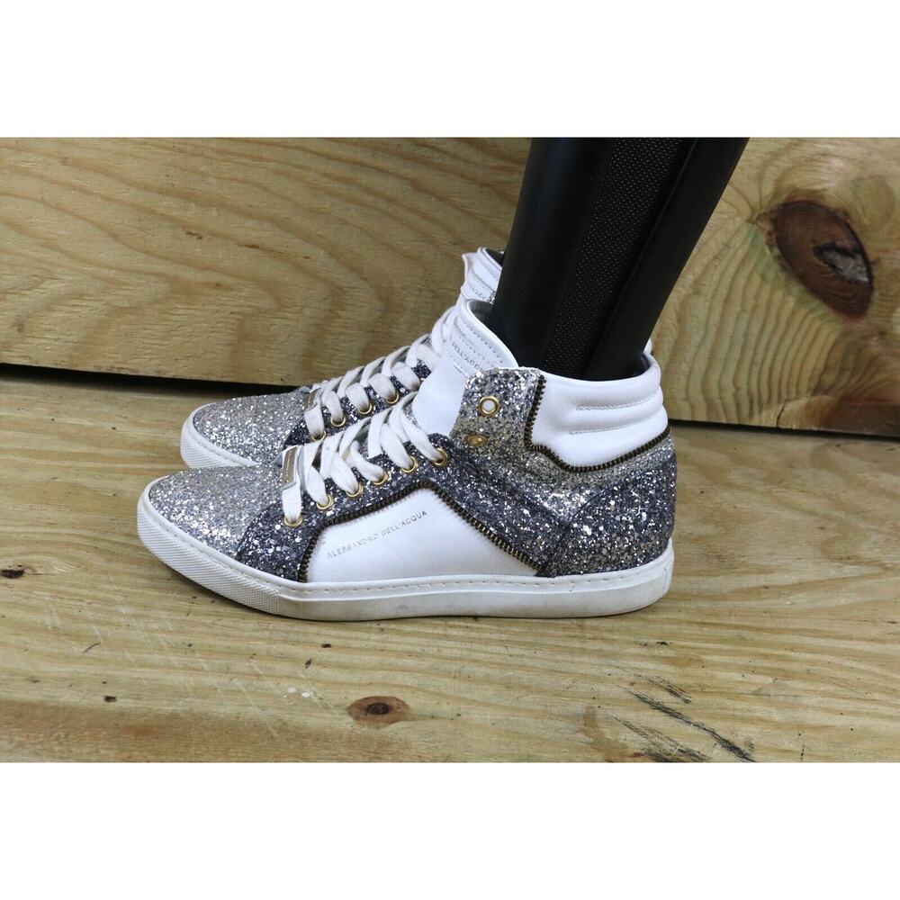 Alessandro Dell'Acqua Sneakers Womens 39.5 White Leather Sequins High Athletic